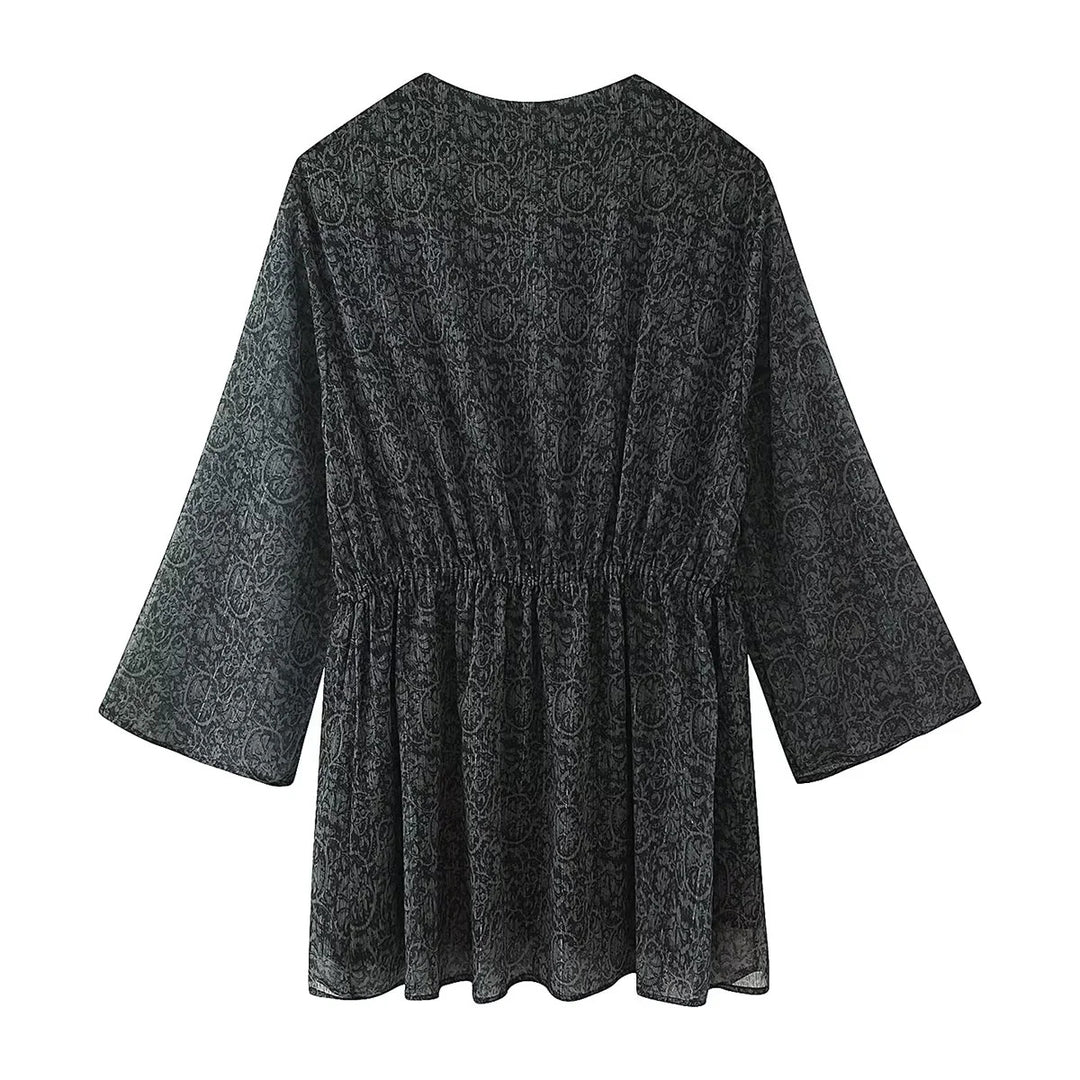 Women's sheer Paisley chiffon tunic with V-neck, drawstring and pearl detail Mune Fashion