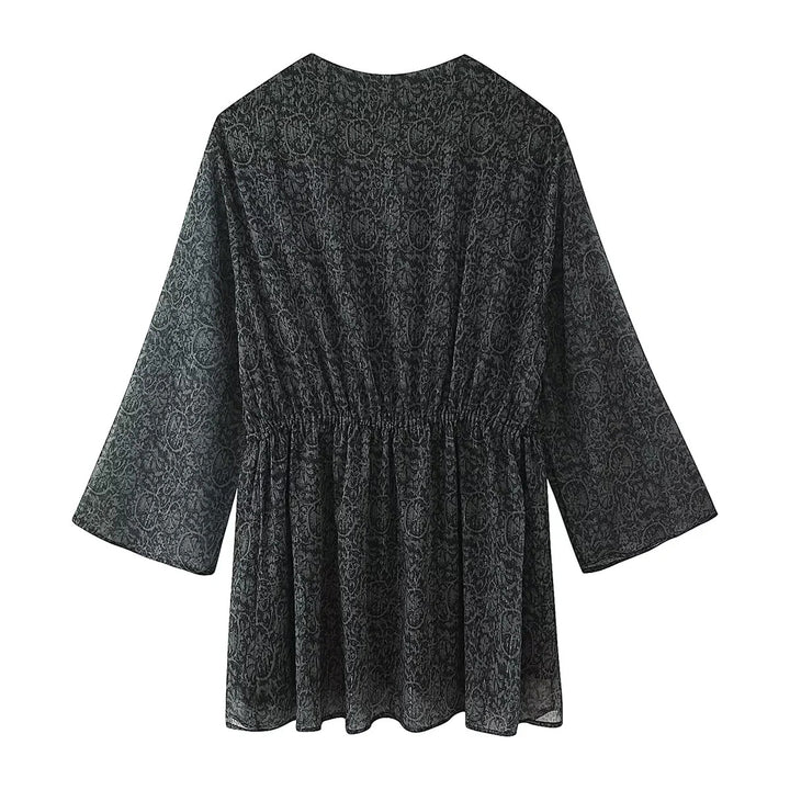 Women's sheer Paisley chiffon tunic with V-neck, drawstring and pearl detail Mune Fashion