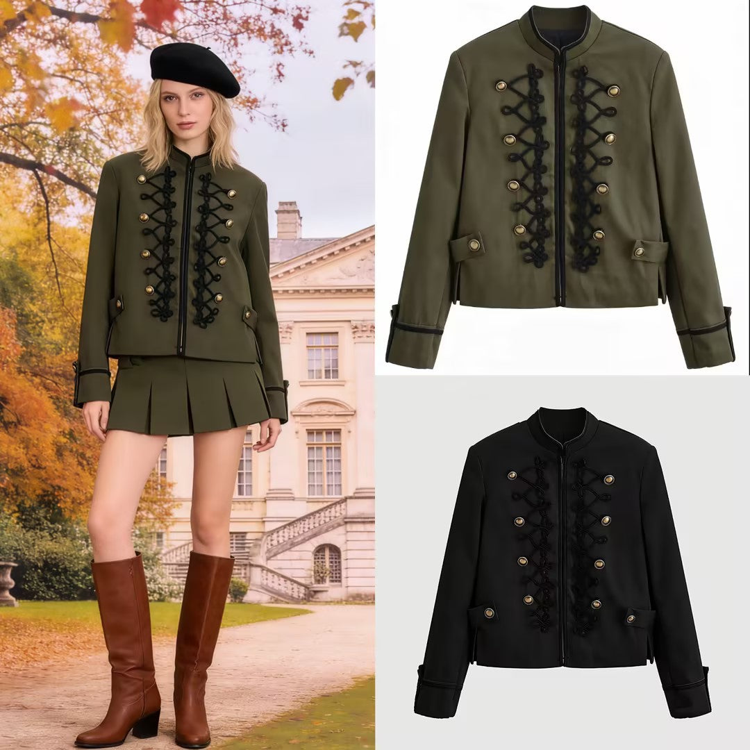 Women’s short military-style jacket with decorative cords and stand-up collar Mune Fashion