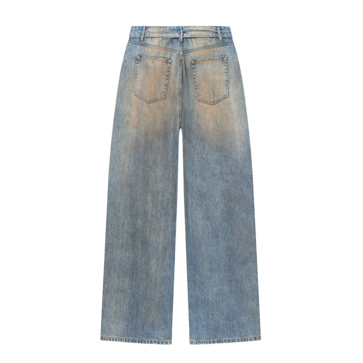 Ladies High-Waist Denim Pants with Wide Leg and Vintage Wash Mune Fashion