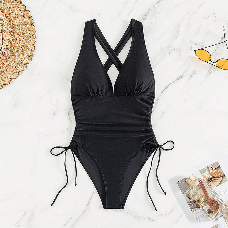Women High-Cut One-Piece Swimsuit with Deep V-Neck and Side Ties Mune Fashion