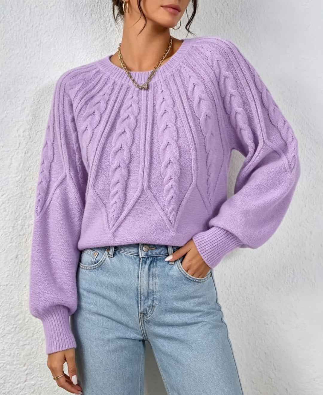 Women short-cut chunky knit cable sweater with balloon sleeves Mune Fashion