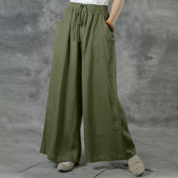 Women's wide linen pants with high waist and drawstring Mune Fashion