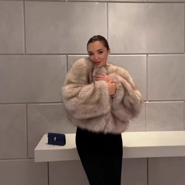Women Cropped Faux Fur Bomber with Round Neck, Soft Draping High Pile and Boxy Silhouette Mune Fashion