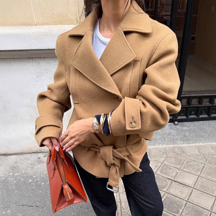 Women Tailored Wool Blend Short Coat with Tie Belt, Wide Lapels and Button Cuffs Mune Fashion
