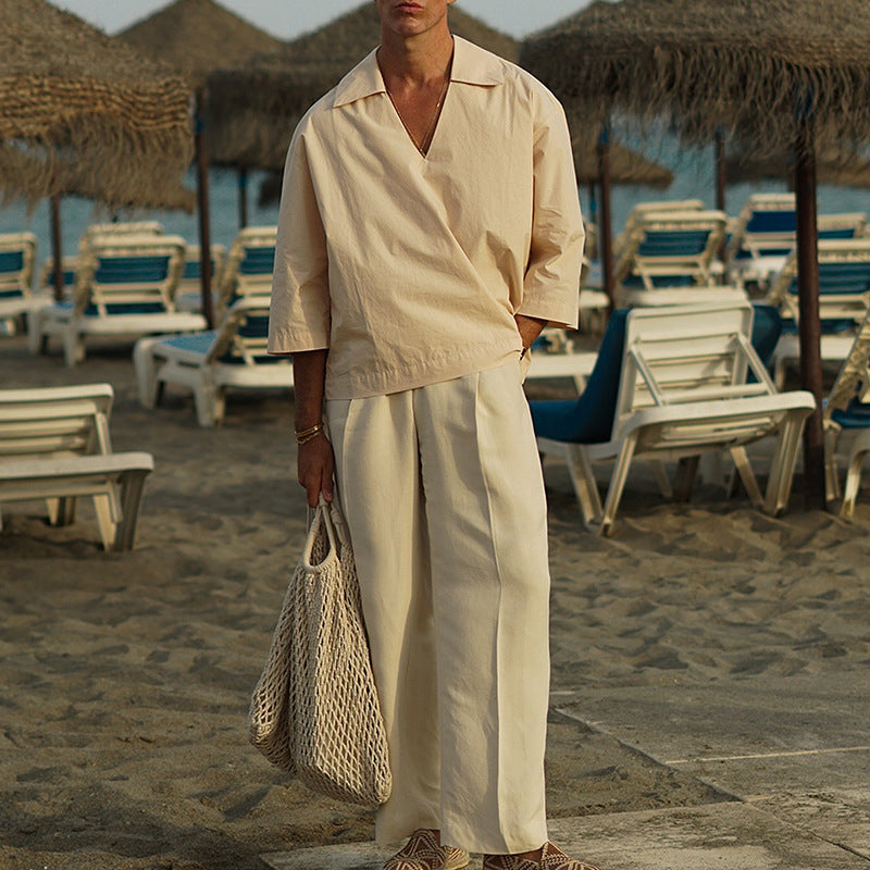 Men's Oversized Shirt with Deep V-Neck and Linen-Cotton Mix Mune Fashion