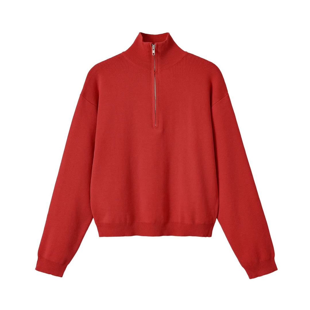 Women's Relaxed Half-Zip Fine Knit Sweater with Stand Collar and Dropped Shoulder Mune Fashion