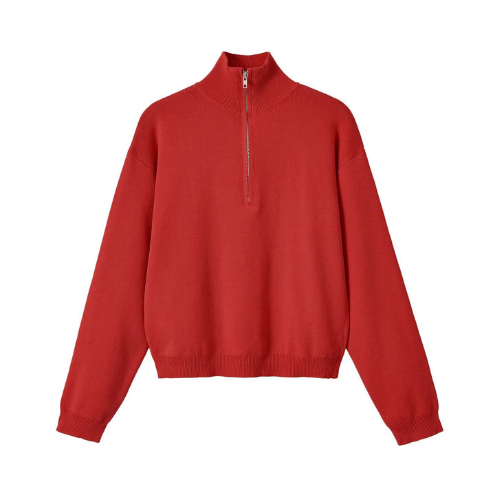 Women's Relaxed Half-Zip Fine Knit Sweater with Stand Collar and Dropped Shoulder Mune Fashion