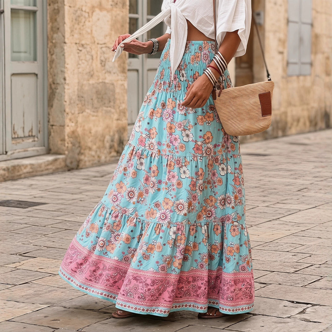 Women's layered maxi skirt with floral print, elastic smocked waistband and ruffle edges Mune Fashion