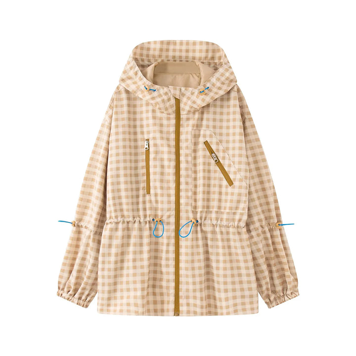 Ladies checkered rain parka with hood, drawstring waist and diagonal zippered pockets Mune Fashion