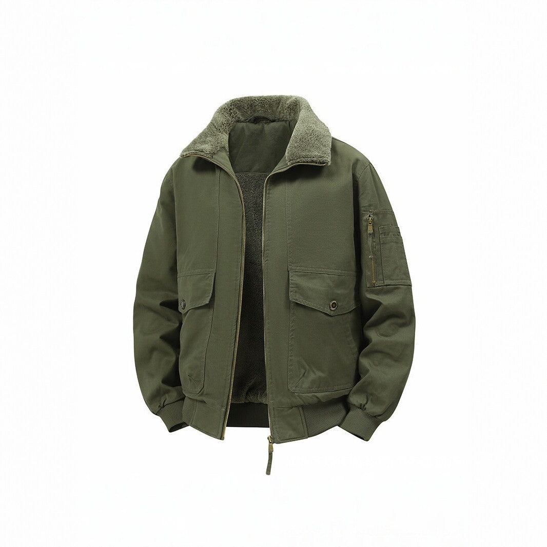 Men's Military Inspired Thermal Bomber Jacket with Teddy Lining, Arm Pocket and Snap Flap Pockets Mune Fashion