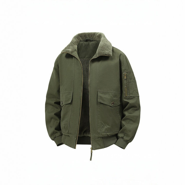 Men's Military Inspired Thermal Bomber Jacket with Teddy Lining, Arm Pocket and Snap Flap Pockets Mune Fashion