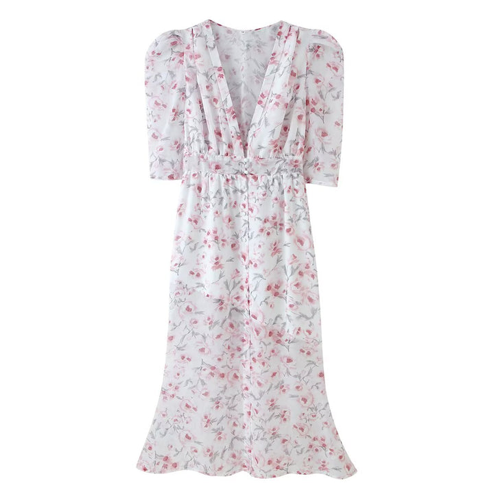 Women Chiffon Midi Dress with Floral Allover Look, V-Neck and Gathered Waist Mune Fashion