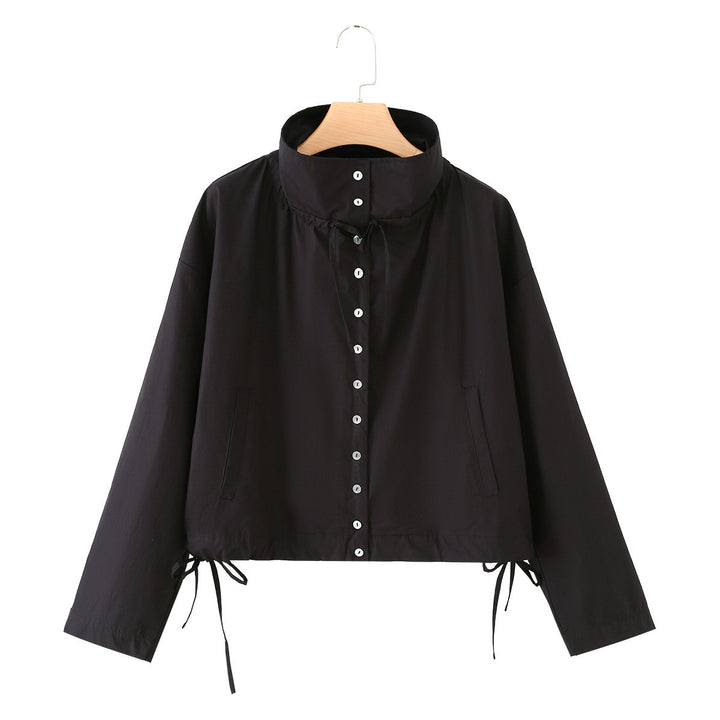 Women short-cut blouson jacket with high stand-up collar, button placket and drawstring Mune Fashion