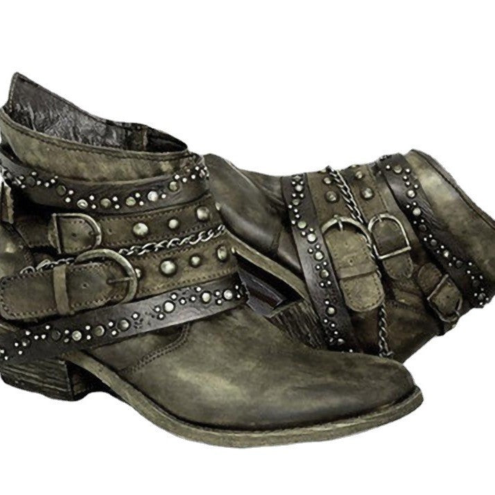Women ankle-high biker ankle boots with multiple studded straps, decorative chains, and adjustable buckles Mune Fashion