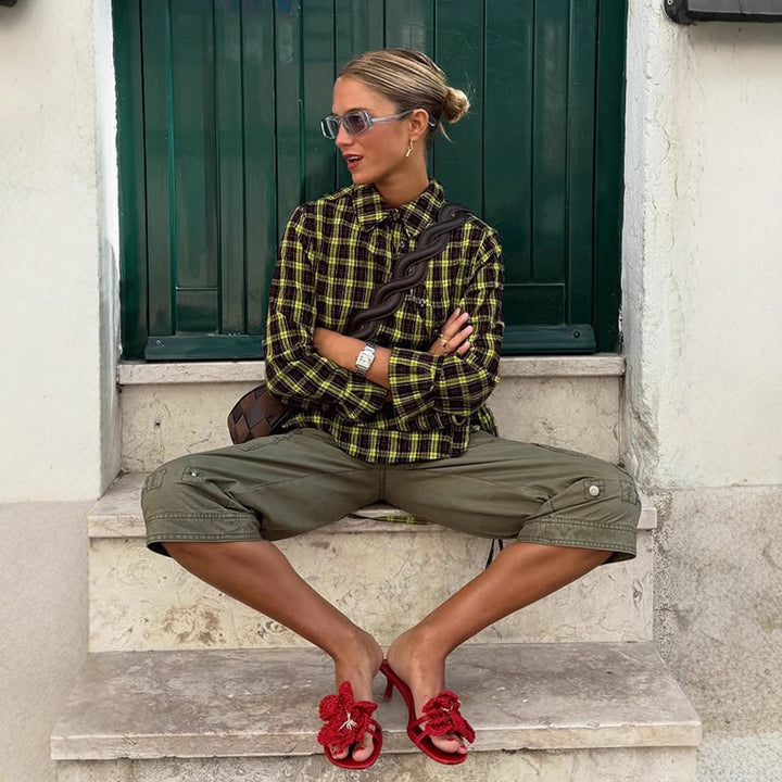 Ladies Checked Shirt Blouse with Drawstring Waist and Loose Fit Mune Fashion