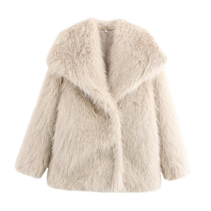 Ladies Short-Cut Faux-Fur Coat with Voluminous Shawl Collar and Straight Cut Mune Fashion