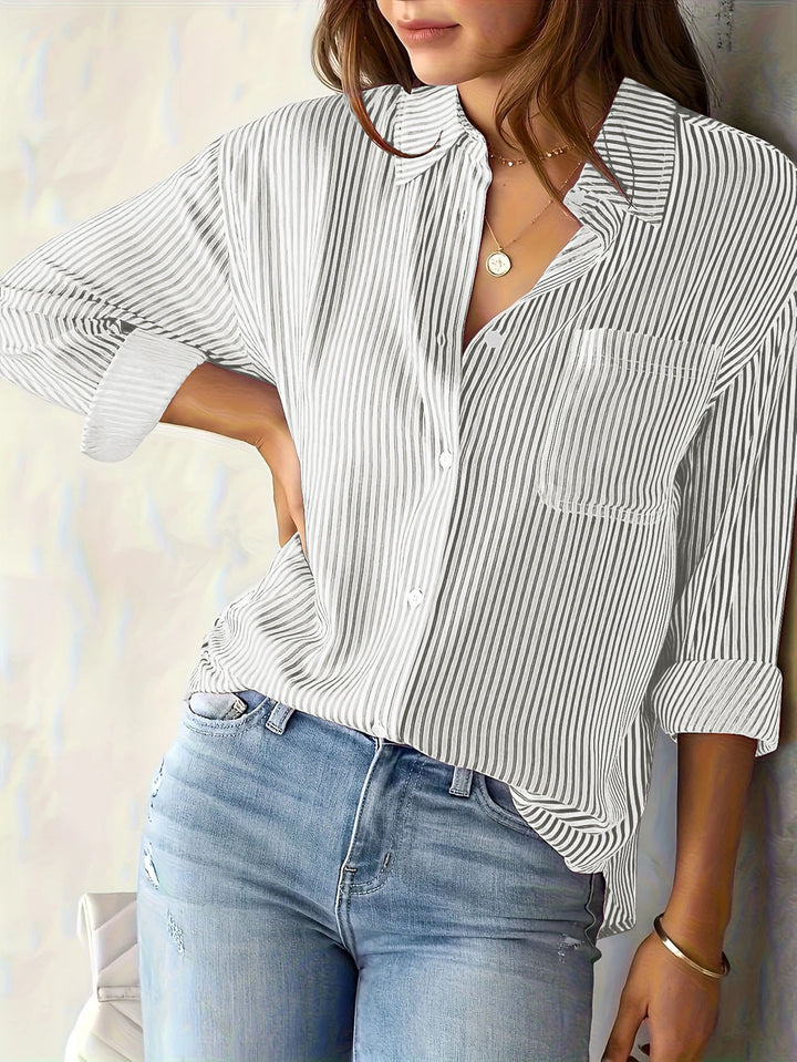 Women's Lightweight Oversized Shirt Blouse with Vertical Stripes, Kent Collar and Three-Quarter Sleeves Mune Fashion
