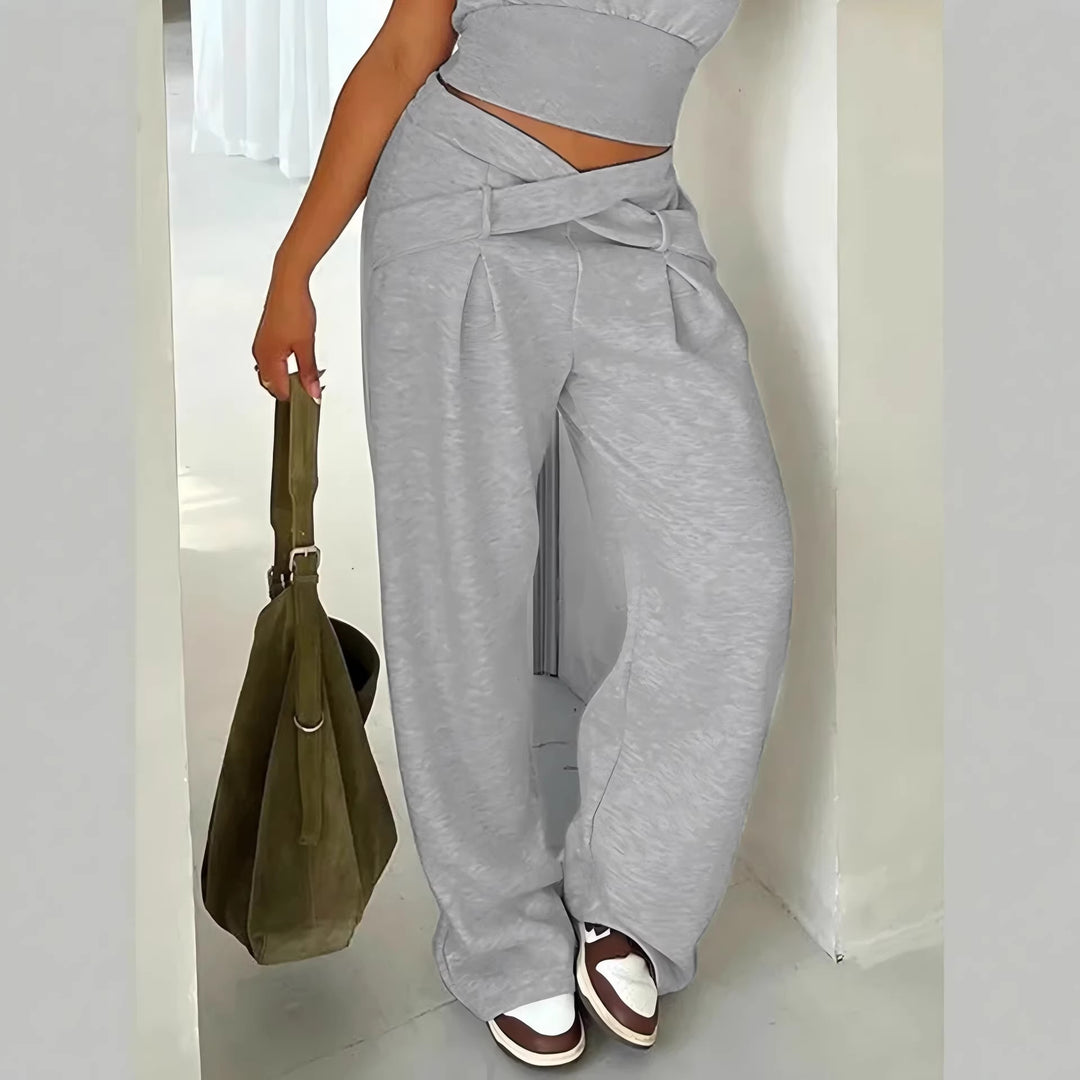 Women's Loose High-Waist Pants with Wrap Waistband, Decorative Belt and Waist Cut Drune