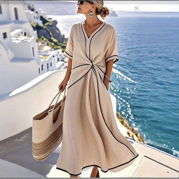 Women's maxi dress with V-neck, side knot and contrast piping Mune Fashion