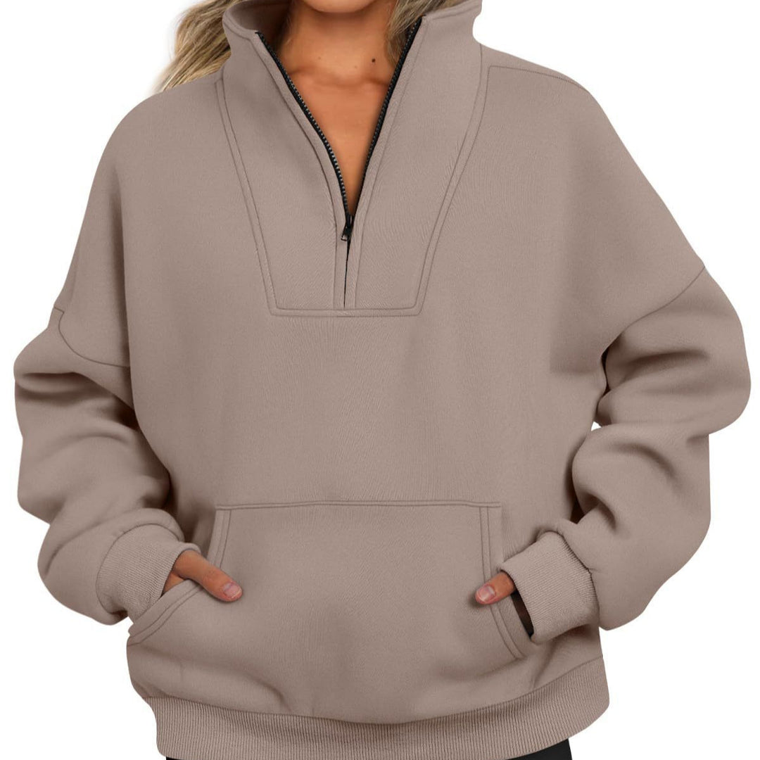 Women's oversized half-zip hoodie with high stand collar, kangaroo pocket, and ribbed cuffs Mune Fashion