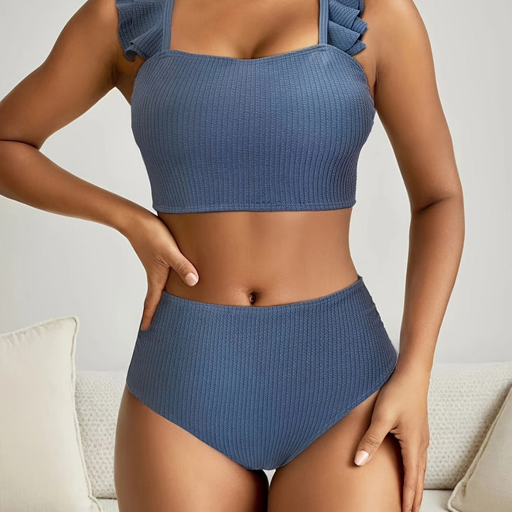 Women's High-Cut Swim Top with Ruffle Details and Matching Bikini Bottom Mune Fashion