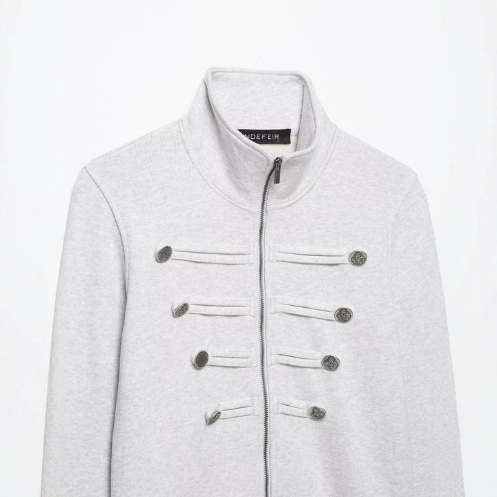 Women Short Sweat Jacket in Military Style with Stand Collar and Decorative Button Placket Mune Fashion