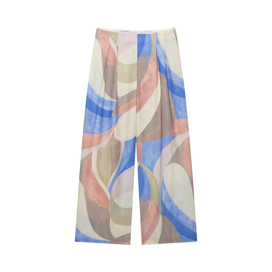 Women's Wide Linen Pants with Abstract Watercolor Print and High Waist Drune
