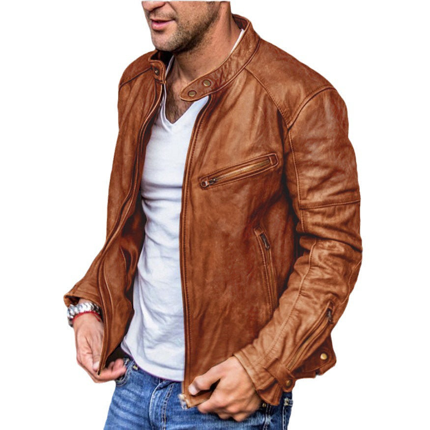 Men's biker leather jacket made of washed full leather with standing collar Mune Fashion