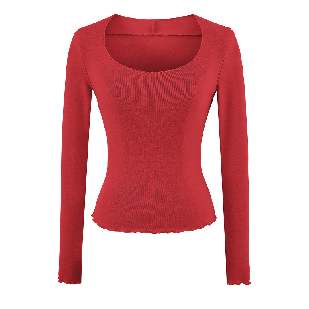 Women Fitted Long Sleeve Fine Knit Top with Square Neckline and Wave Hem Mune Fashion