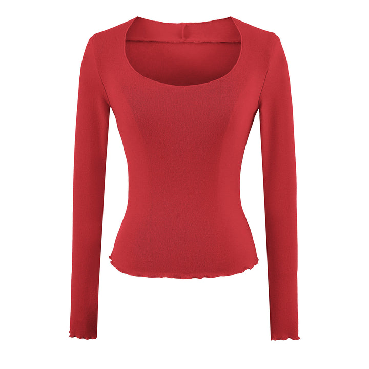 Women Fitted Long Sleeve Fine Knit Top with Square Neckline and Wave Hem Mune Fashion