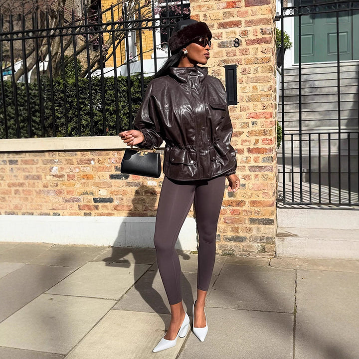 Women's Oversize Faux Leather Blouson with High Stand Collar and Waist Drawstring Mune Fashion