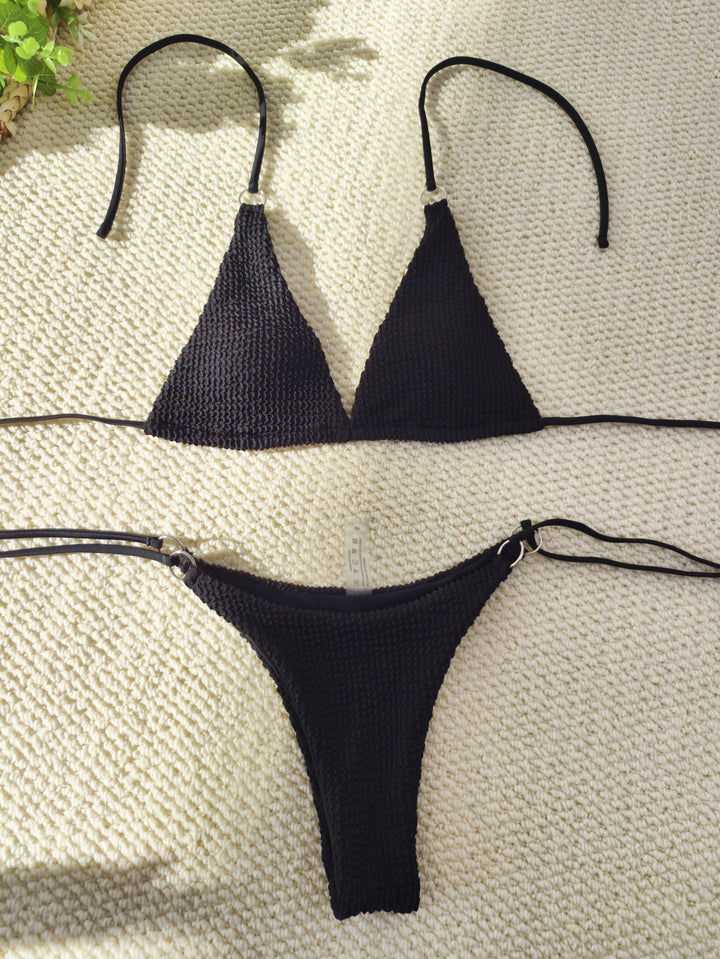 Women's triangle bikini with textured fabric and elegant ring embellishments Mune Fashion