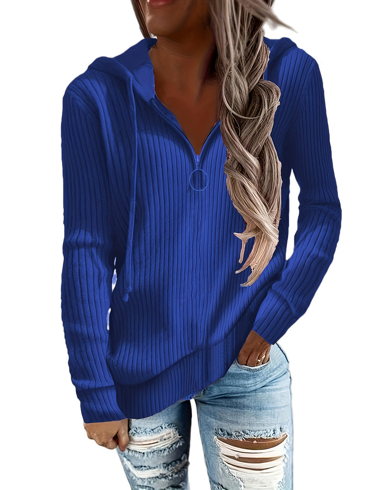 Women's Casual Ribbed Knit Hoodie with Half-Zip and Ring Zipper Drune