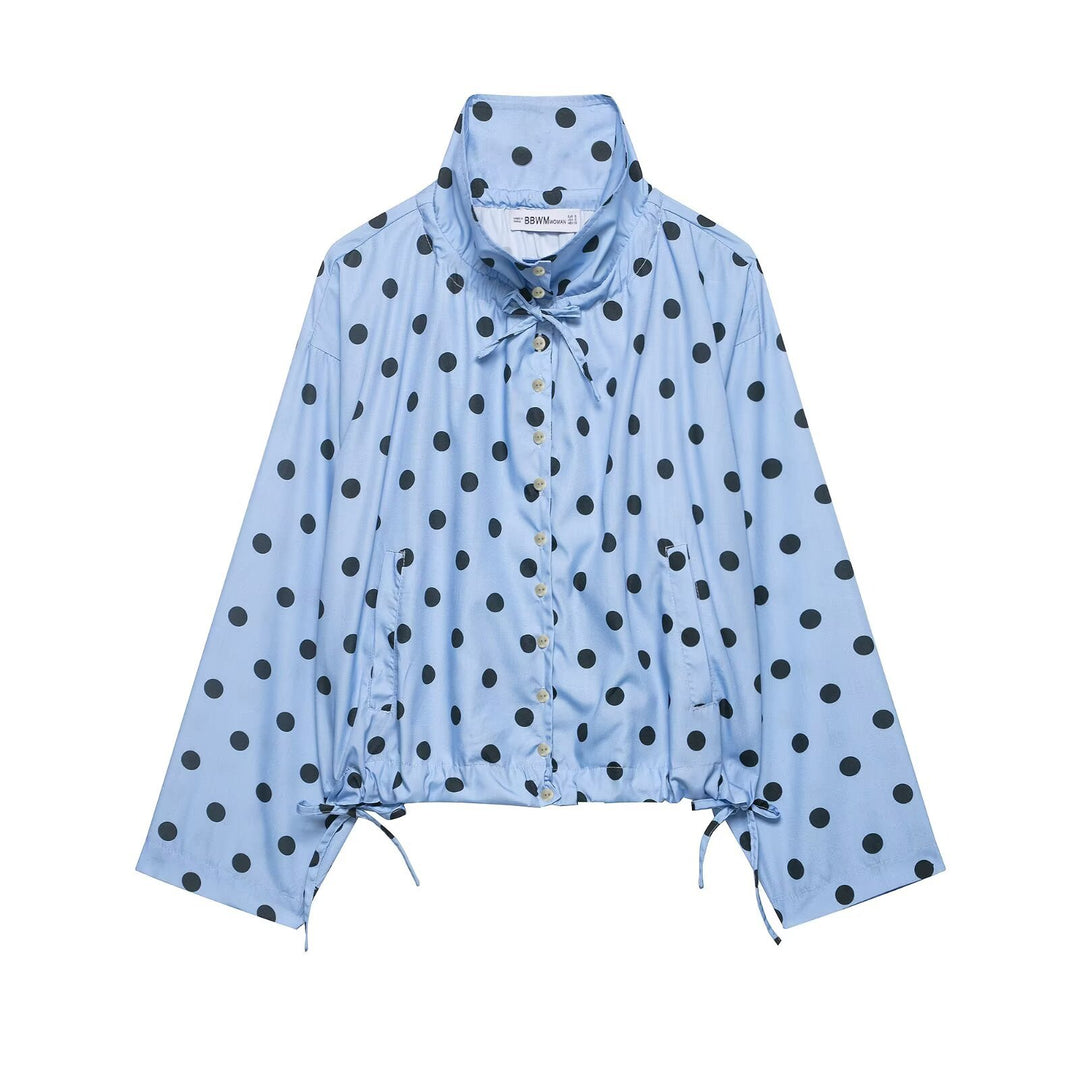 Women Lightweight Oversized Polka Dot Windbreaker with Stand-up Collar, Button Placket and Drawstring Mune Fashion