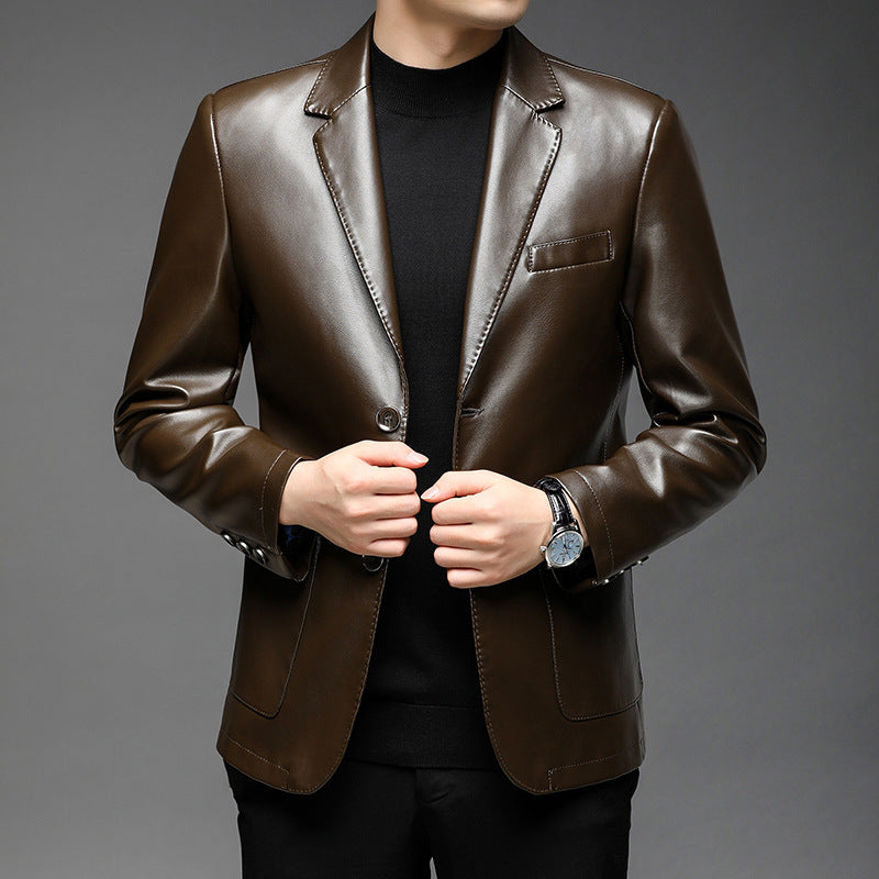 Men's Elegant Faux Leather Blazer in Tailored Fit with Lapel Collar and Flap Pockets Mune Fashion