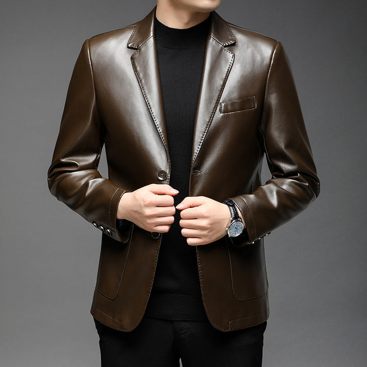Men's Elegant Faux Leather Blazer in Tailored Fit with Lapel Collar and Flap Pockets Mune Fashion