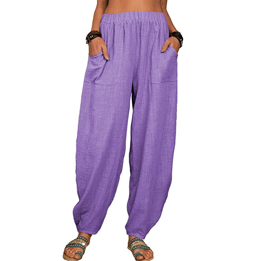 Women's relaxed linen pants with wide leg, elastic waistband and large patch pockets Mune Fashion