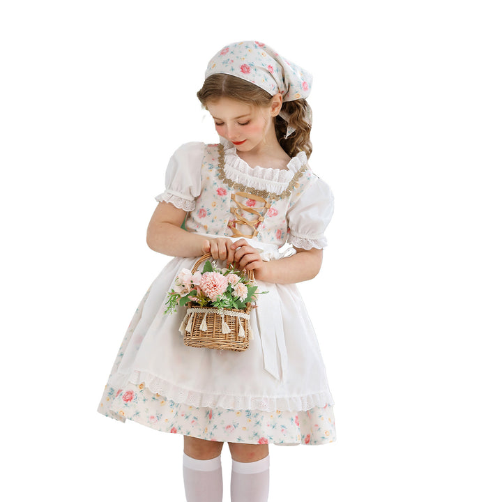 Ladies' traditional Dirndl dress for girls with embroidered apron, ruffle collar, and matching headscarf Mune Fashion