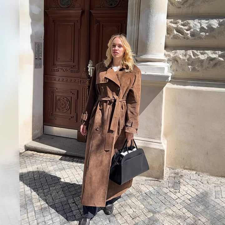 Women Maxi Long Suede Trench Coat with Tied Belt Mune Fashion