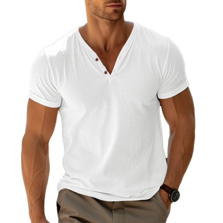 Men's fitted Henley T-shirt with V-neck, short button placket and roll-up sleeves Mune Fashion