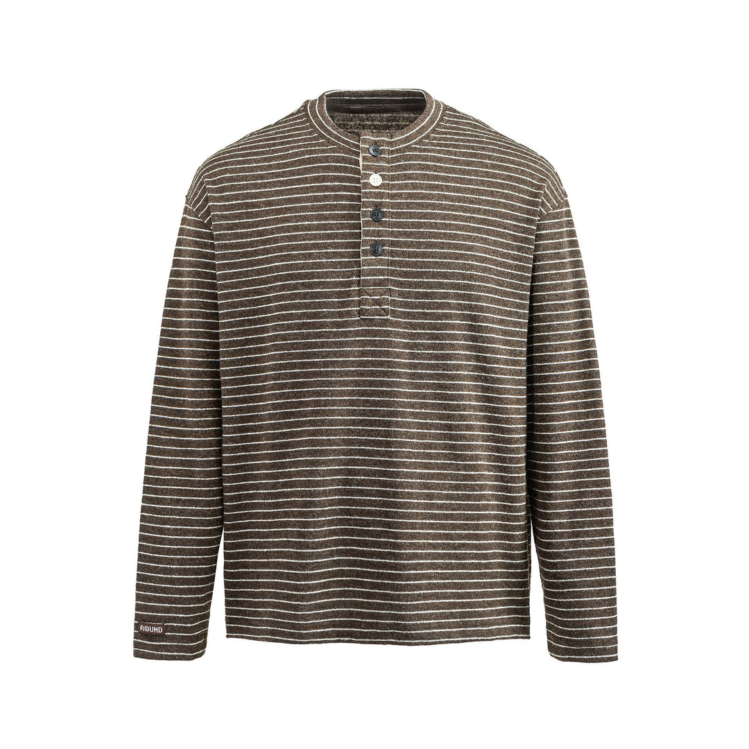 Men's Fine Knit Henley Shirt with Short Button Placket and Horizontal Stripe Pattern Mune Fashion
