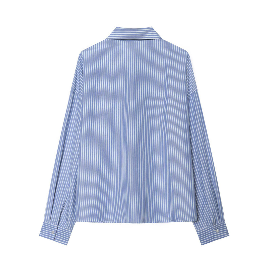 Women's Oversized Shirt Blouse with Integrated Tie and Fine Pinstripe Mune Fashion