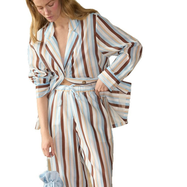 Women's Striped Lightweight Loungewear Set in Viscose with Cropped Shirt & Wide Cord Pants Mune Fashion