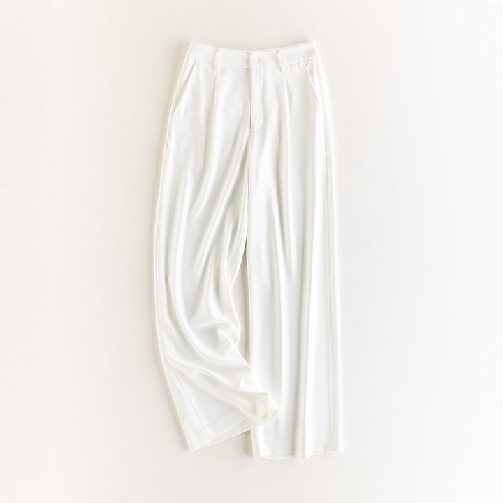 Women Wide High-Waisted Satin Pants with Pleats and Side Pockets Mune Fashion