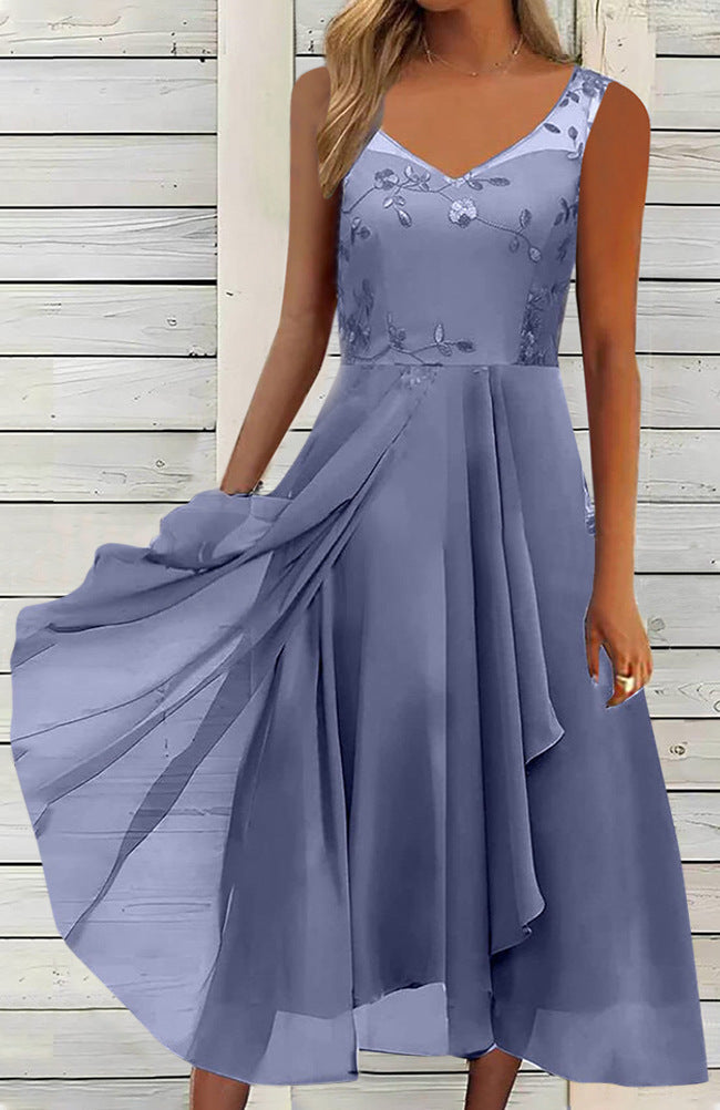 Women A-line chiffon dress with floral embroidered bodice, V-neck, draped godet swing and concealed side pockets Mune Fashion