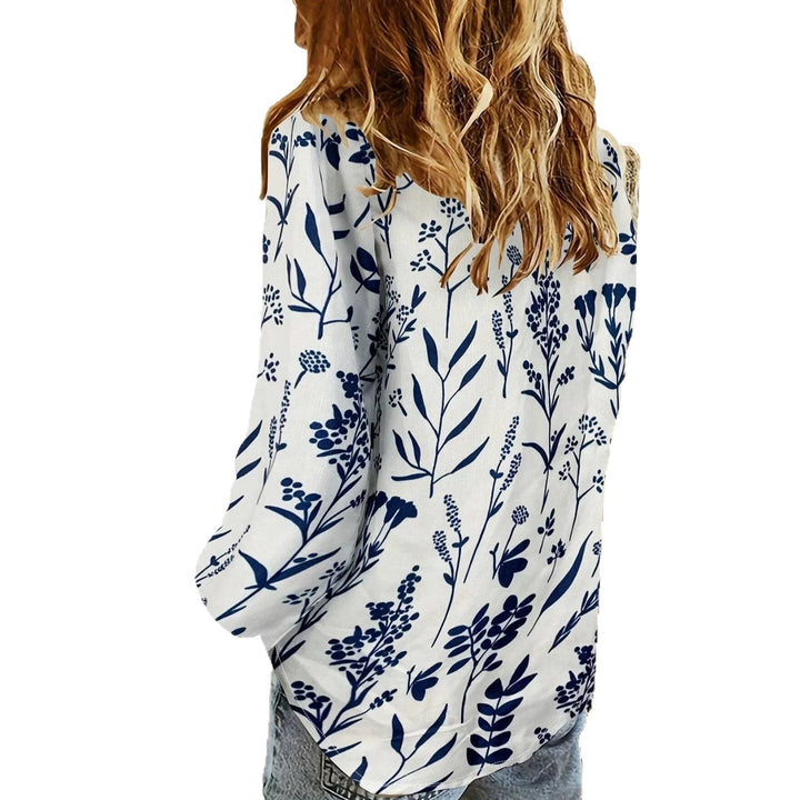 Women's loose linen-look blouse with V-neck botanical allover print and three-quarter sleeves Mune Fashion
