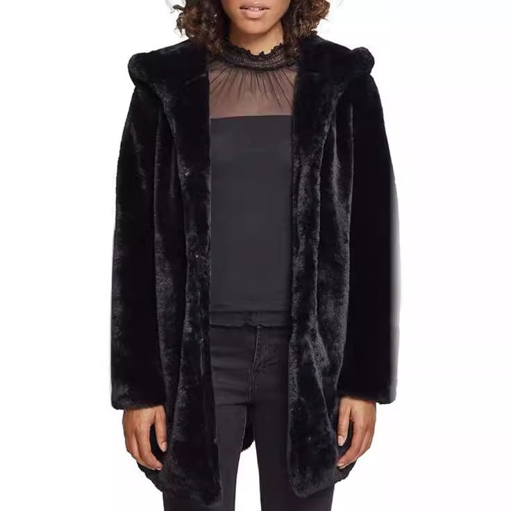 Women's Midi-Length Hooded Faux Fur Coat with Open Front and Lined Insert Pockets Mune Fashion