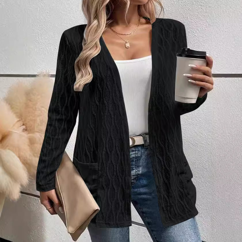 Women's open cardigan with structured wave pattern and patch pockets Mune Fashion