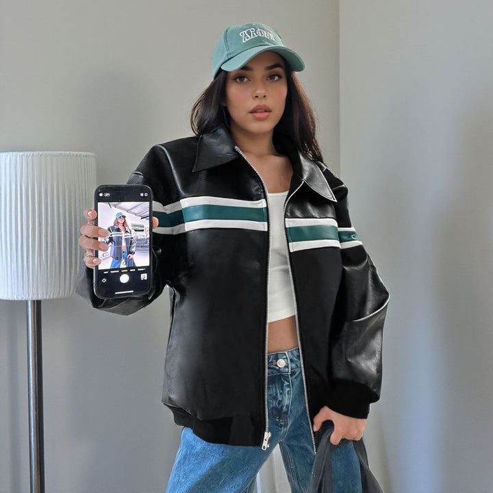 Women's Faux Leather Bomber Jacket with Retro Stripes and Full Zip Mune Fashion